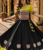 Black-Yellow silk blend Free Size Stitched Navratri Lehenga Choli with Kutchi Gamthi Embroidered Work & Codi lace
