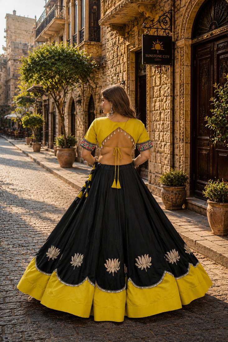 Black-Yellow silk blend Free Size Stitched Navratri Lehenga Choli with Kutchi Gamthi Embroidered Work & Codi lace