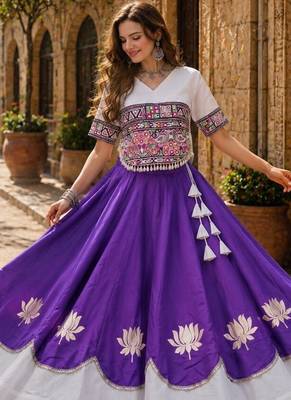 Violet-White silk blend Free Size Stitched Navratri Lehenga Choli with Kutchi Gamthi Embroidered Work & Codi lace 1
