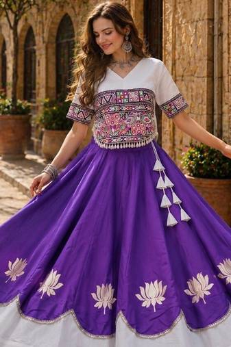 Violet-White silk blend Free Size Stitched Navratri Lehenga Choli with Kutchi Gamthi Embroidered Work & Codi lace