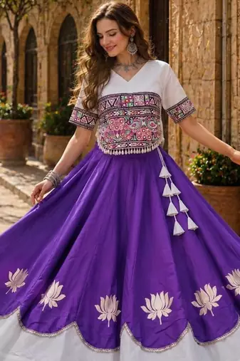 Violet-White silk blend Free Size Stitched Navratri Lehenga Choli with Kutchi Gamthi Embroidered Work & Codi lace