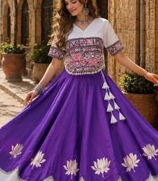 Violet-White silk blend Free Size Stitched Navratri Lehenga Choli with Kutchi Gamthi Embroidered Work & Codi lace