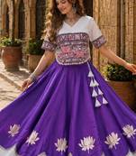 Violet-White silk blend Free Size Stitched Navratri Lehenga Choli with Kutchi Gamthi Embroidered Work & Codi lace