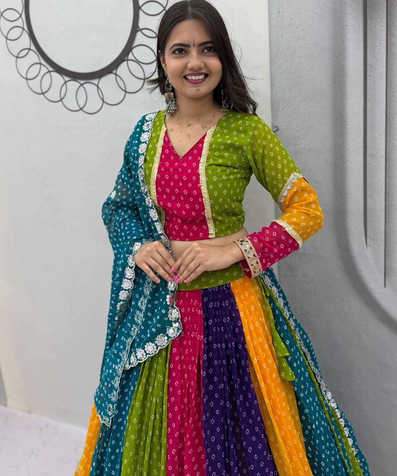 Multicolor Georgette Chaniya Choli For Navratri Set with 7mm Shivansh Work and Georgette Dupatta