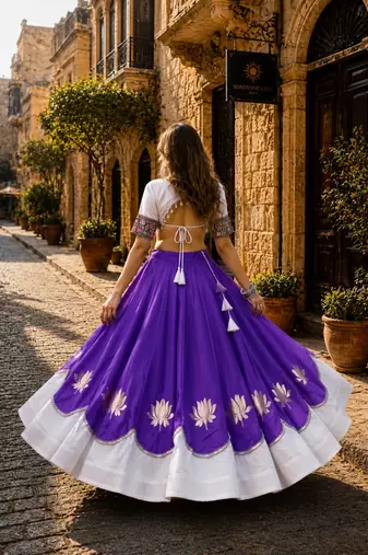 Violet-White silk blend Free Size Stitched Navratri Lehenga Choli with Kutchi Gamthi Embroidered Work & Codi lace
