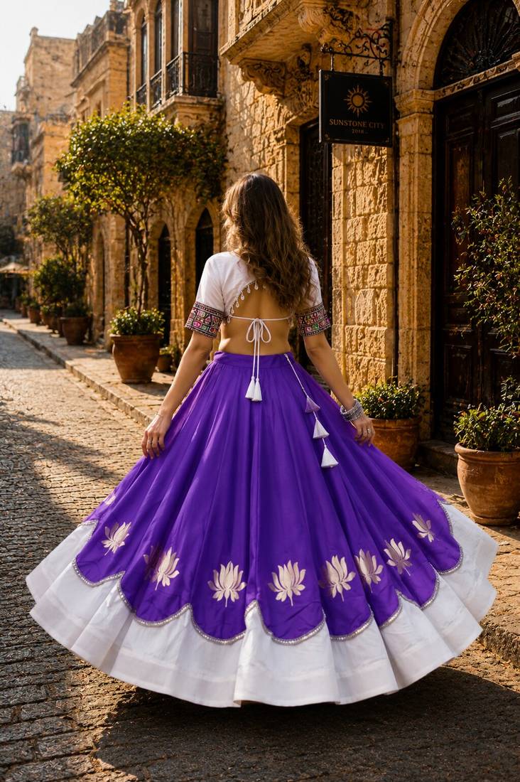 Violet-White silk blend Free Size Stitched Navratri Lehenga Choli with Kutchi Gamthi Embroidered Work & Codi lace
