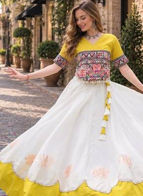 White-Yellow silk blend Free Size Stitched Navratri Lehenga Choli with Kutchi Gamthi Embroidered Work & Codi lace 1