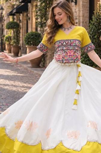 White-Yellow silk blend Free Size Stitched Navratri Lehenga Choli with Kutchi Gamthi Embroidered Work & Codi lace