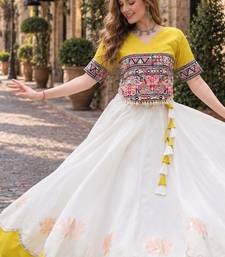 White-Yellow silk blend Free Size Stitched Navratri Lehenga Choli with Kutchi Gamthi Embroidered Work & Codi lace