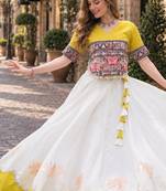 White-Yellow silk blend Free Size Stitched Navratri Lehenga Choli with Kutchi Gamthi Embroidered Work & Codi lace