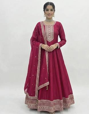 Women's Embroidery Work Vichitra SIlk Fabric Flared Anarkali Dupatta Set 1
