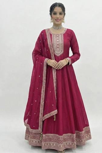Women's Embroidery Work Vichitra SIlk Fabric Flared Anarkali Dupatta Set