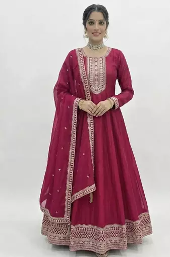 Women's Embroidery Work Vichitra SIlk Fabric Flared Anarkali Dupatta Set