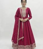 Women's Embroidery Work Vichitra SIlk Fabric Flared Anarkali Dupatta Set