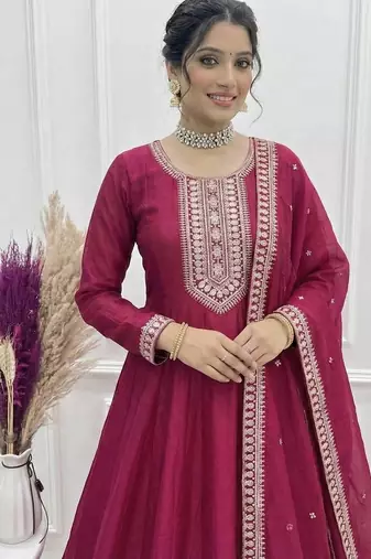 Women's Embroidery Work Vichitra SIlk Fabric Flared Anarkali Dupatta Set