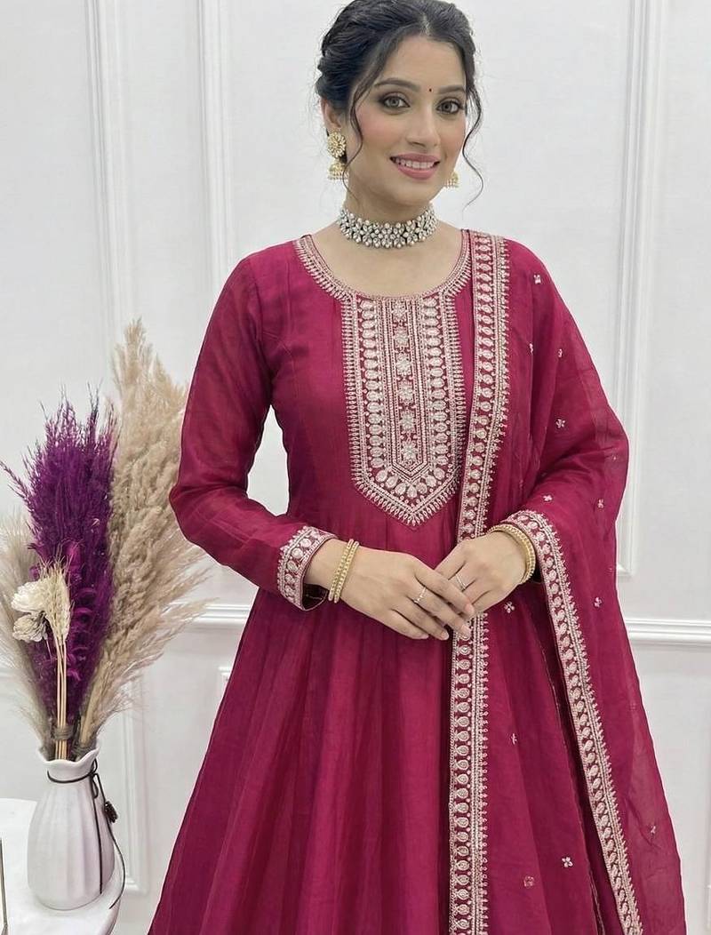 Women's Embroidery Work Vichitra SIlk Fabric Flared Anarkali Dupatta Set