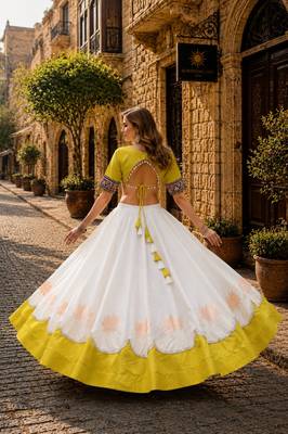 White-Yellow silk blend Free Size Stitched Navratri Lehenga Choli with Kutchi Gamthi Embroidered Work & Codi lace 2