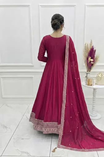 Women's Embroidery Work Vichitra SIlk Fabric Flared Anarkali Dupatta Set