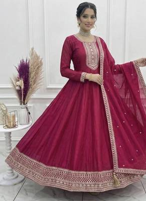 Women's Embroidery Work Vichitra SIlk Fabric Flared Anarkali Dupatta Set 4