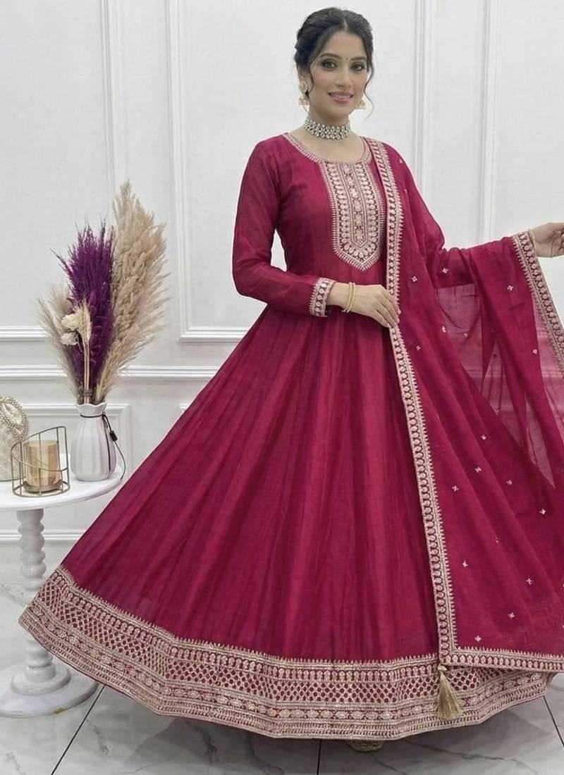 Women's Embroidery Work Vichitra SIlk Fabric Flared Anarkali Dupatta Set