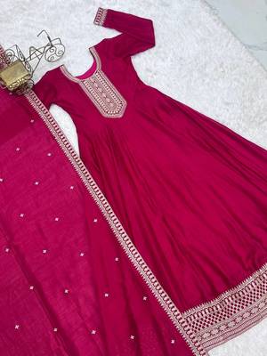 Women's Embroidery Work Vichitra SIlk Fabric Flared Anarkali Dupatta Set 5