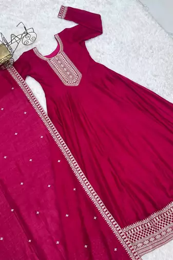 Women's Embroidery Work Vichitra SIlk Fabric Flared Anarkali Dupatta Set