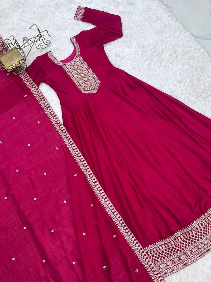 Women's Embroidery Work Vichitra SIlk Fabric Flared Anarkali Dupatta Set