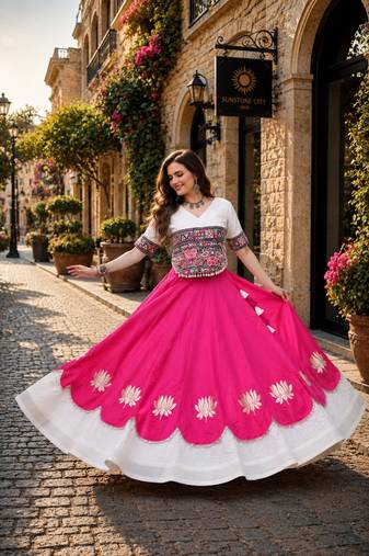 Rani-White silk blend Free Size Stitched Navratri Lehenga Choli with Kutchi Gamthi Embroidered Work & Codi lace