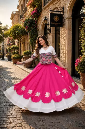 Rani-White silk blend Free Size Stitched Navratri Lehenga Choli with Kutchi Gamthi Embroidered Work & Codi lace