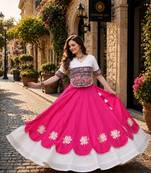 Rani-White silk blend Free Size Stitched Navratri Lehenga Choli with Kutchi Gamthi Embroidered Work & Codi lace