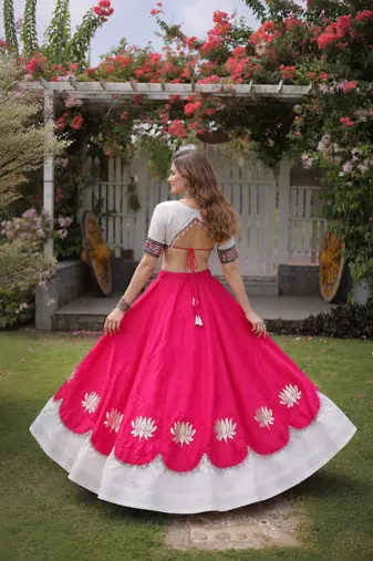 Rani-White silk blend Free Size Stitched Navratri Lehenga Choli with Kutchi Gamthi Embroidered Work & Codi lace