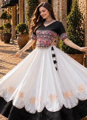 White-Black silk blend Free Size Stitched Navratri Lehenga Choli with Kutchi Gamthi Embroidered Work & Codi lace 1