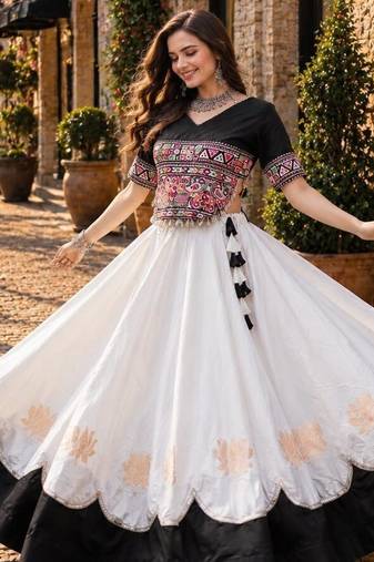 White-Black silk blend Free Size Stitched Navratri Lehenga Choli with Kutchi Gamthi Embroidered Work & Codi lace