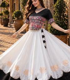 White-Black silk blend Free Size Stitched Navratri Lehenga Choli with Kutchi Gamthi Embroidered Work & Codi lace