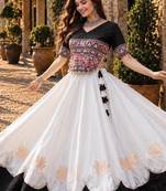 White-Black silk blend Free Size Stitched Navratri Lehenga Choli with Kutchi Gamthi Embroidered Work & Codi lace