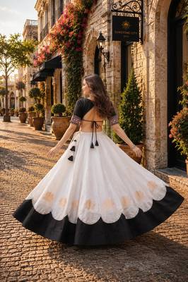 White-Black silk blend Free Size Stitched Navratri Lehenga Choli with Kutchi Gamthi Embroidered Work & Codi lace 2