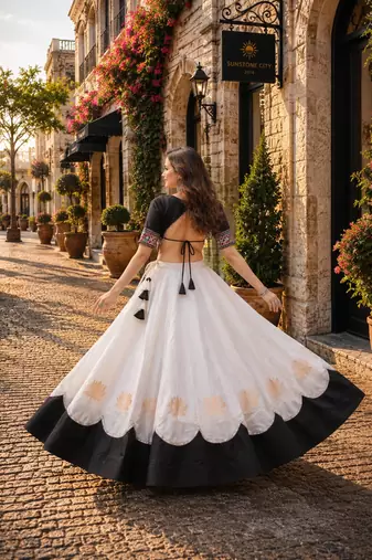 White-Black silk blend Free Size Stitched Navratri Lehenga Choli with Kutchi Gamthi Embroidered Work & Codi lace