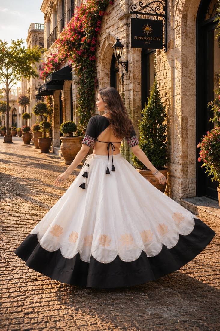 White-Black silk blend Free Size Stitched Navratri Lehenga Choli with Kutchi Gamthi Embroidered Work & Codi lace