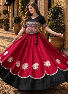 Red-Black silk blend Free Size Stitched Navratri Lehenga Choli with Kutchi Gamthi Embroidered Work & Codi lace 1