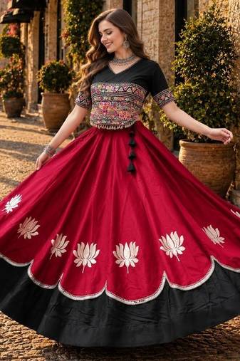 Red-Black silk blend Free Size Stitched Navratri Lehenga Choli with Kutchi Gamthi Embroidered Work & Codi lace