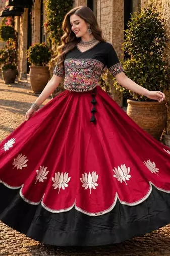 Red-Black silk blend Free Size Stitched Navratri Lehenga Choli with Kutchi Gamthi Embroidered Work & Codi lace