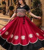 Red-Black silk blend Free Size Stitched Navratri Lehenga Choli with Kutchi Gamthi Embroidered Work & Codi lace