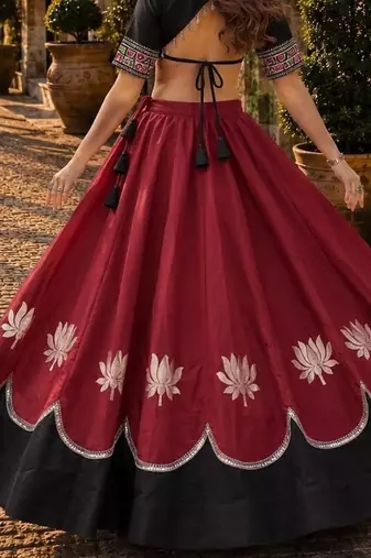 Red-Black silk blend Free Size Stitched Navratri Lehenga Choli with Kutchi Gamthi Embroidered Work & Codi lace