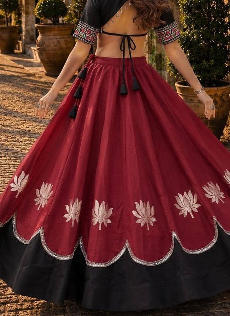 Red-Black silk blend Free Size Stitched Navratri Lehenga Choli with Kutchi Gamthi Embroidered Work & Codi lace