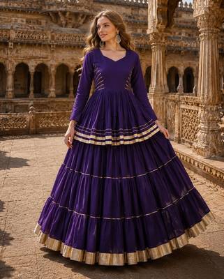 Violet Cotton Free Size Stitched Navratri Lehenga Choli with Gota-Patti & Lace Work 1