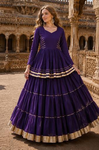 Violet Cotton Free Size Stitched Navratri Lehenga Choli with Gota-Patti & Lace Work