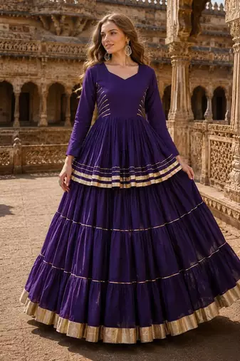 Violet Cotton Free Size Stitched Navratri Lehenga Choli with Gota-Patti & Lace Work