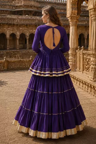 Violet Cotton Free Size Stitched Navratri Lehenga Choli with Gota-Patti & Lace Work