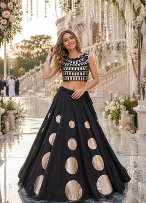 Black Silk Free Size Stitched Navratri Lehenga Choli with Gota Pattern & Mirror lace Work 1