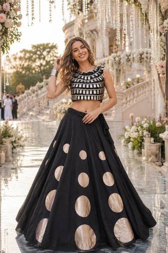 Black Silk Free Size Stitched Navratri Lehenga Choli with Gota Pattern & Mirror lace Work